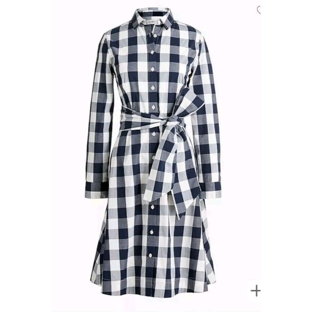 J.Crew Gingham Tie Waist Cotton Poplin Shirtdress Navy White AK929 Size 00